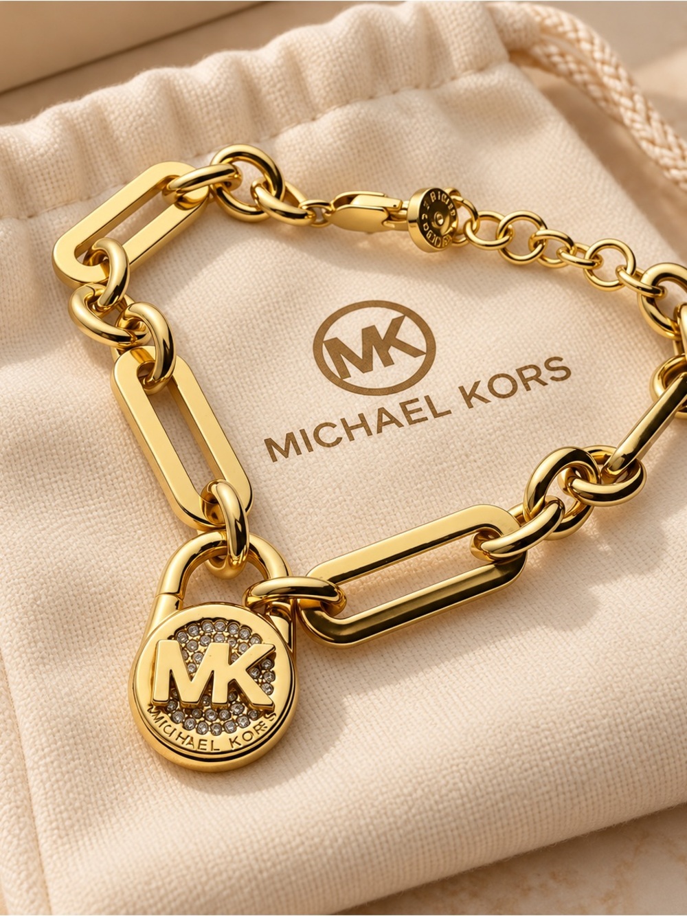 Michael Kors Gold Padlock Link Bracelet with Crystal MK Charm